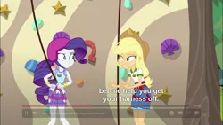 Size: 1366x768 | Tagged: safe, derpibooru import, screencap, applejack, rarity, equestria girls, legend of everfree, bracelet, camp everfree outfits, cowboy hat, female, freckles, hat, helmet, jewelry, out of context, rock climbing, shipping fuel