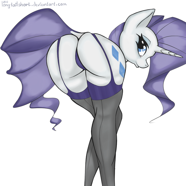 Size: 1024x1024 | Tagged: questionable, artist:longtailshort, derpibooru import, rarity, anthro, unicorn, ass, clothes, colored sketch, female, garter belt, looking back, mare, panties, purple underwear, rear view, rearity, simple background, solo, solo female, thong, underwear, white background