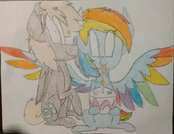 Size: 1839x1421 | Tagged: safe, artist:zephrzolt, derpibooru import, dumbbell, rainbow dash, cake, candle, dumbdash, female, food, male, shipping, straight, tongue out, traditional art