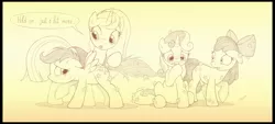 Size: 2613x1179 | Tagged: safe, artist:sherwoodwhisper, derpibooru import, apple bloom, scootaloo, sweetie belle, oc, oc:eri, earth pony, pegasus, pony, unicorn, burdock, cape, clothes, cutie mark crusaders, female, filly, gradient background, monochrome, pencil drawing, traditional art