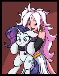 Size: 1583x2048 | Tagged: safe, artist:latecustomer, derpibooru import, rarity, human, pony, unicorn, android 21, blushing, colored, confused, crossover, cute, cute little fangs, dragon ball fighterz, dragon ball super, ear piercing, earring, eyes closed, fangs, female, holding a pony, hug, jewelry, looking at you, majin android 21, mare, piercing