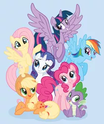 Size: 902x1076 | Tagged: safe, derpibooru import, official, applejack, fluttershy, pinkie pie, rainbow dash, rarity, spike, twilight sparkle, twilight sparkle (alicorn), alicorn, dragon, pony, cute, mane seven, mane six, prone, stock vector