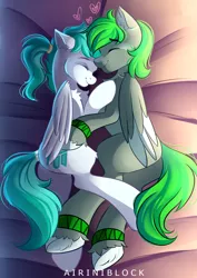 Size: 1946x2745 | Tagged: safe, artist:airiniblock, derpibooru import, oc, oc:emerald stonesetter, oc:lucid mirage, unofficial characters only, pegasus, pony, commission, cuddling, cute, eyes closed, female, heart, male, oc x oc, ocbetes, rcf community, shipping, straight