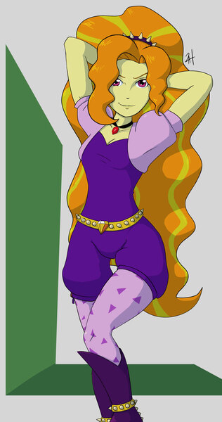 Size: 571x1085 | Tagged: safe, artist:animana21, derpibooru import, adagio dazzle, equestria girls, rainbow rocks, arm behind head, colored, female, gem, jewelry, looking at you, pendant, pose, simple background, siren gem, solo, thigh gap