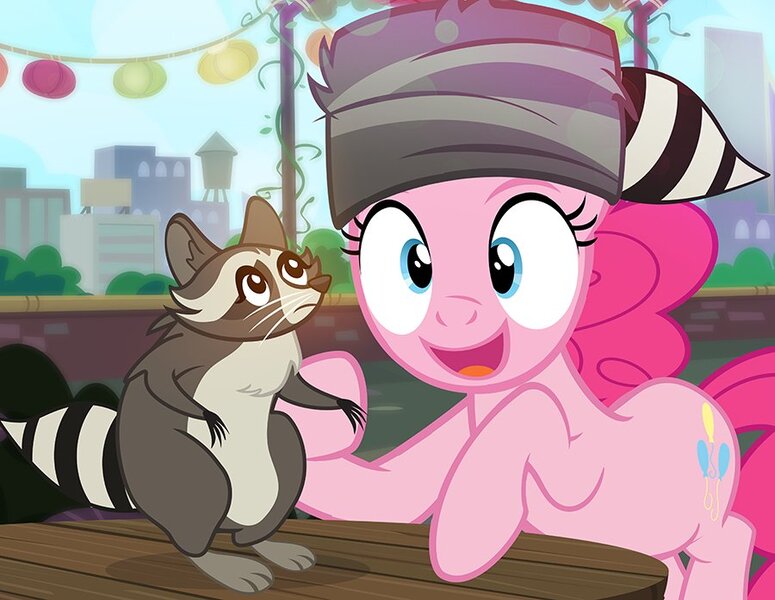 Size: 900x697 | Tagged: artist:pixelkitties, coonskin cap, derpibooru import, hat, pinkie pie, raccoon, raccoon hat, regular show, rigby, safe, softpad