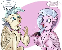 Size: 3000x2400 | Tagged: artist:brother-lionheart, brother and sister, classical hippogriff, cute, derpibooru import, dialogue, diastreamies, duo, engrish, female, hippogriff, male, safe, school daze, silverstream, speech bubble, stairs, surf and/or turf, terramar, that hippogriff sure does love stairs