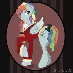 Size: 4724x4724 | Tagged: safe, artist:xxsilvixx, derpibooru import, rainbow dash, pegasus, pony, the count of monte rainbow, abstract background, absurd resolution, alternate hairstyle, alternate universe, bow, clothes, crossover, edmond dantes, looking back, male, musical, rainbow dantes, raised hoof, scar, signature, solo, stallion, tail bow, the count of monte cristo