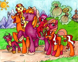 Size: 1024x816 | Tagged: safe, artist:pitterpaint, derpibooru import, oc, oc:blythe, oc:cherry pit, oc:darcy spice, oc:honey crisp, oc:paula red, oc:rhubarb, oc:swindle apple, unofficial characters only, dracony, earth pony, hybrid, pony, unicorn, cousins, cowboy hat, female, hat, interspecies offspring, levitation, magic, male, mare, next generation, offspring, parent:apple bloom, parent:applejack, parent:big macintosh, parent:cheerilee, parent:flim, parent:spike, parents:cheerimac, parents:flimjack, parents:spikebloom, saddle bag, stallion, stetson, telekinesis, traditional art, unshorn fetlocks