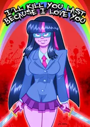 Size: 1024x1448 | Tagged: semi-grimdark, artist:curtsibling, derpibooru import, sci-twi, twilight sparkle, equestria girls, blood, breasts, clothes, dialogue, edgy, female, glasses, impending doom, katana, miniskirt, pleated skirt, rainbow, skirt, solo, sword, weapon, yandere, yanderelight sparkle