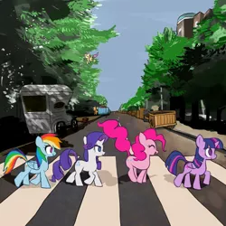 Size: 1000x1000 | Tagged: safe, artist:bojack_mlplove, derpibooru import, applejack, fluttershy, pinkie pie, rainbow dash, rarity, twilight sparkle, twilight sparkle (alicorn), alicorn, earth pony, pegasus, pony, unicorn, abbey road, crosswalk, female, mane six, mare, parody, street, the beatles