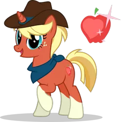 Size: 875x883 | Tagged: safe, artist:mlp-trailgrazer, derpibooru import, oc, unofficial characters only, pony, unicorn, bandana, cowboy hat, cutie mark, female, freckles, hat, magical lesbian spawn, mare, offspring, parent:applejack, parent:sunset shimmer, parents:appleshimmer, raised hoof, simple background, socks (coat marking), solo, stetson, transparent background