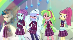 Size: 800x449 | Tagged: safe, derpibooru import, edit, edited screencap, screencap, indigo zap, lemon zest, sour sweet, sugarcoat, sunny flare, dance magic, equestria girls, spoiler:eqg specials, avengers: infinity war, clothes, crystal prep academy uniform, crystal prep shadowbolts, dust, i don't feel so good, i don't want to go, meme, school uniform, shadow five, spoilers for another series, sunny flare's wrist devices