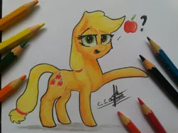 Size: 4128x3096 | Tagged: safe, artist:ironbeastz, derpibooru import, applejack, pony, apple, colored pencil drawing, food, hatless, missing accessory, pencil, solo, that pony sure does love apples, traditional art