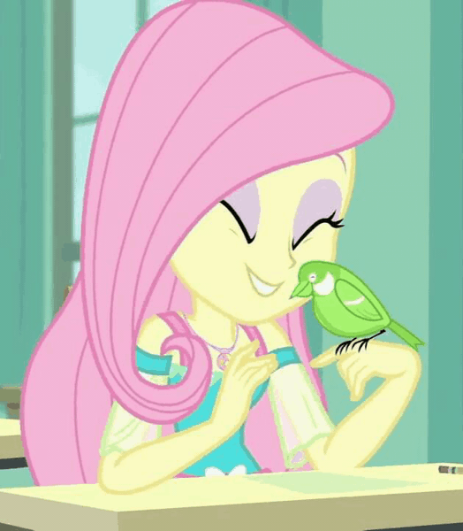 Size: 629x720 | Tagged: safe, derpibooru import, screencap, fluttershy, bird, a little birdie told me, equestria girls, equestria girls series, animal, animated, classroom, cropped, cute, desk, eyes closed, gif, shyabetes, solo, songbird
