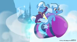 Size: 5550x3090 | Tagged: safe, artist:jhayarr23, derpibooru import, jack pot, trixie, horse play, clothes, cute, diatrixes, dress, duo, father and daughter, female, fireworks, male, rocket, starry eyes, toy interpretation, trixie's rocket, wingding eyes