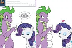 Size: 1204x800 | Tagged: safe, artist:dekomaru, derpibooru import, rarity, spike, dragon, pony, unicorn, tumblr:ask twixie, ask, comic, female, heart, list, male, older, shipping, sparity, straight, tumblr