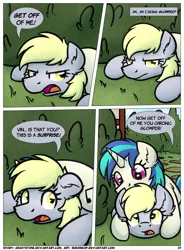 Size: 1400x1900 | Tagged: safe, artist:moemneop, derpibooru import, derpy hooves, vinyl scratch, pony, comic:shifting changelings lies and truths, blushing, comic, ear fluff, glomp, underp