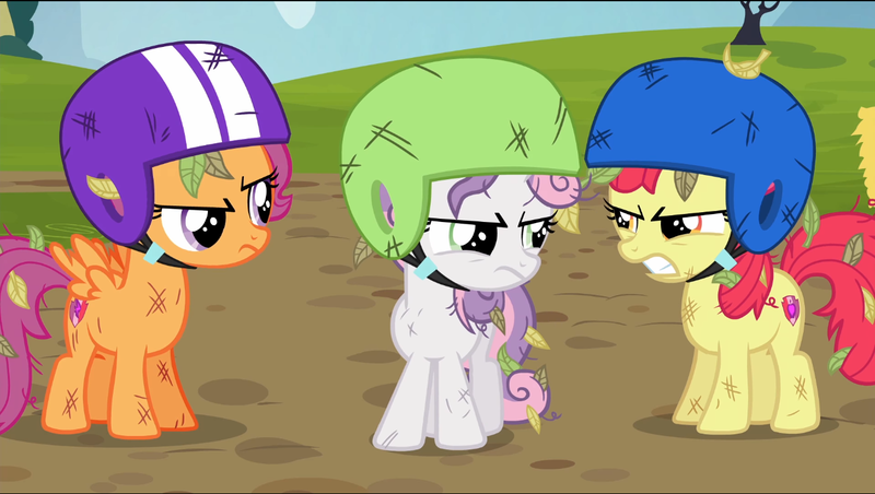 Size: 1360x768 | Tagged: angry, apple bloom, cutie mark crusaders, derpibooru import, helmet, mess, safe, scootaloo, screencap, sweetie belle, the cart before the ponies, this will not end well