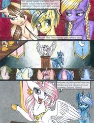 Size: 1950x2550 | Tagged: safe, artist:tillie-tmb, derpibooru import, princess celestia, princess luna, oc, oc:tempest, earth pony, pegasus, pony, unicorn, comic:the amulet of shades, comic, pink-mane celestia, s1 luna, traditional art