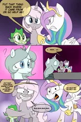 Size: 800x1214 | Tagged: safe, artist:emositecc, derpibooru import, princess celestia, princess platinum, oc, oc:coca, oc:nebula, alicorn, dragon, pony, unicorn, comic:empty halls, comic, covering face, dialogue, dragon oc, dragoness, female, monsters inc., reference, smiling, speech bubble, text, young, younger