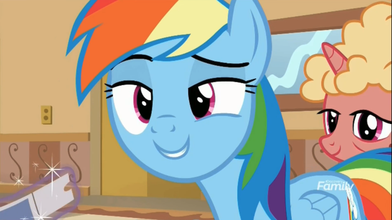 Size: 1280x720 | Tagged: safe, derpibooru import, screencap, rainbow dash, unnamed pony, pegasus, pony, unicorn, grannies gone wild, spoiler:s08, background pony, dreamworks face, elderly, female, grin, lidded eyes, magic, magic aura, mare, smiling, smug, smugdash, ticket