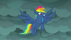 Size: 1280x720 | Tagged: safe, derpibooru import, screencap, rainbow dash, pegasus, pony, secrets and pies, adorapiehater, cloud, cute, evil pie hater dash, female, flying, mare, smiling, solo, spread wings, wings