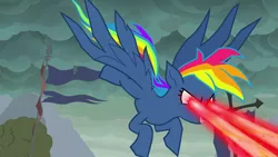 Size: 1280x720 | Tagged: safe, derpibooru import, screencap, rainbow dash, pegasus, pony, secrets and pies, cloud, evil pie hater dash, eye beams, female, flag, flying, laser, mare, solo, spread wings, tree, wings