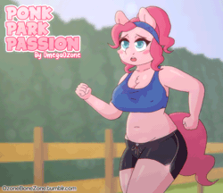 Size: 1000x865 | Tagged: suggestive, artist:omegaozone, derpibooru import, pinkie pie, anthro, earth pony, comic:ponk park passion, animated, belly button, big breasts, bouncing, bouncing breasts, breasts, busty pinkie pie, chest fluff, chubby, clothes, erect nipples, exercise, female, fence, frame by frame, gif, headband, jiggle, jogging, motion comic, nipple outline, open mouth, park, perfect loop, plump, ponk, shorts, solo, sports bra, sports shorts, sweat, text