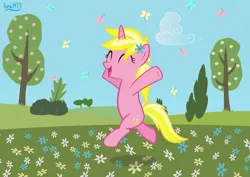 Size: 4060x2868 | Tagged: safe, artist:ironm17, derpibooru import, sunshine smiles, butterfly, pony, unicorn, bipedal, cloud, eyes closed, flower, flower in hair, happy, solo, spring, tree