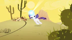 Size: 1280x720 | Tagged: safe, derpibooru import, screencap, rarity, pony, unicorn, the cutie mark chronicles, blank flank, cactus, cow skull, dead, desert, female, filly, filly rarity, floating, glowing horn, lidded eyes, prickly pear, rariquest, rarity being dragged to her destiny, rarity is not amused, saguaro cactus, skull, solo, unamused, younger