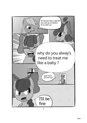 Size: 1024x1448 | Tagged: safe, artist:konfettimayhem, derpibooru import, apple bloom, applejack, pony, comic:the monster inside of me, comic, female, grammar error, mare, monochrome, this will end in tears and/or death and/or covered in tree sap, yelling
