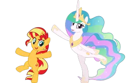 Size: 1557x1024 | Tagged: safe, artist:jhayarr23, derpibooru import, edit, princess celestia, sunset shimmer, alicorn, pony, unicorn, equestria girls, horse play, mirror magic, spoiler:eqg specials, bipedal, cute, cutelestia, dancing, duo, female, looking at you, mare, shimmerbetes, sillestia, silly, silly pony, simple background, smiling, transparent background, vector