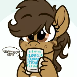 Size: 1500x1500 | Tagged: safe, artist:binkyt11, derpibooru import, oc, oc:binky, unofficial characters only, hybrid, pony, zony, crying, female, freckles, implied drama, mare, medibang paint, mug, sipping, solo, unshorn fetlocks