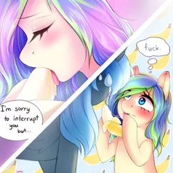 Size: 1260x1260 | Tagged: suggestive, artist:loxy, derpibooru import, oc, oc:ravebounce, unofficial characters only, pony, abstract background, banana, bananajob, blushing, dialogue, female, food, implied blowjob, implied oral, implied sex, suggestive eating, thought bubble, vulgar
