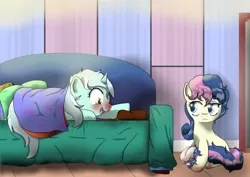 Size: 7016x4961 | Tagged: safe, artist:dusk-spark, derpibooru import, bon bon, lyra heartstrings, sweetie drops, earth pony, pony, unicorn, fanfic, absurd resolution, blanket, bon bon is not amused, couch, duo, fanfic art, fanfic cover, fanfic:the things we do for..., female, mare, sick, unamused