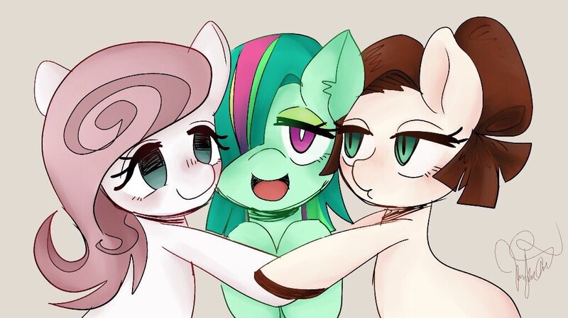 Size: 1024x575 | Tagged: safe, artist:bbtasu, derpibooru import, oc, oc:nel drip, unofficial characters only, earth pony, pony, cute, female, lidded eyes, mare, simple background, smiling, trio