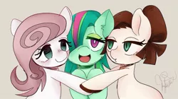 Size: 1024x575 | Tagged: safe, artist:bbtasu, derpibooru import, oc, oc:nel drip, unofficial characters only, earth pony, pony, cute, female, lidded eyes, mare, simple background, smiling, trio