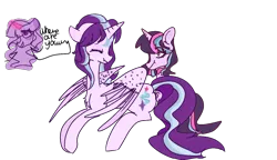 Size: 1461x840 | Tagged: artist:cheezziesphaget, derpibooru import, eyes closed, female, lesbian, magical lesbian spawn, oc, oc:sarine glow, offspring, parent:starlight glimmer, parents:twistarlight, parent:twilight sparkle, safe, shipping, simple background, starlight glimmer, transparent background, twilight sparkle, twistarlight