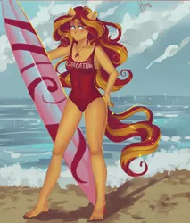 Size: 2900x3400 | Tagged: safe, artist:xjenn9, derpibooru import, sunset shimmer, equestria girls, barefoot, blushing, clothes, cyrillic, digital art, ear fluff, feet, female, lidded eyes, lifeguard, looking at you, one-piece swimsuit, ponied up, raised eyebrow, russian, smiling, solo, surfboard, swimsuit, whistle