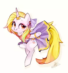 Size: 956x1024 | Tagged: safe, artist:sibashen, derpibooru import, oc, oc:far dawn, unicorn, clothes, cute, eyeliner, female, horn accessory, looking away, makeup, mare, simple background, skirt, skirt lift, smiling, solo