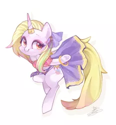 Size: 1842x1973 | Tagged: safe, artist:sibashen, derpibooru import, oc, oc:far dawn, unicorn, clothes, cute, eyeliner, female, horn accessory, looking away, makeup, mare, simple background, skirt, skirt lift, smiling, solo