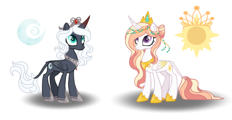 Size: 1024x530 | Tagged: safe, artist:ponycat-artist, derpibooru import, oc, oc:crystalline moon, oc:star sunlight, unofficial characters only, alicorn, pony, alicorn oc, colored wings, colored wingtips, cousins, female, leonine tail, mare, offspring, parent:king sombra, parent:princess celestia, parent:princess luna, parent:unnamed oc, parents:lumbra, simple background, transparent background