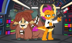 Size: 1100x665 | Tagged: artist:pixelkitties, bandolier, blaster, chewbacca, clothes, cloven hooves, cosplay, costume, crossover, derpibooru import, dragon, dragoness, duo, female, han solo, may the fourth be with you, safe, school daze, smiling, smolder, star wars, yak, yona