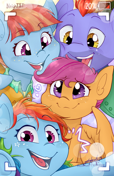 Size: 1000x1546 | Tagged: safe, artist:midnightpremiere, derpibooru import, bow hothoof, rainbow dash, scootaloo, windy whistles, pegasus, pony, family, female, filly, image, male, mare, png, scootalove, selfie, smiling, stallion