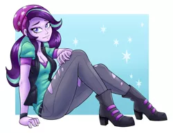 Size: 3300x2550 | Tagged: safe, artist:ambris, derpibooru import, starlight glimmer, equestria girls, mirror magic, spoiler:eqg specials, beanie, boots, bracelet, breasts, busty starlight glimmer, cleavage, clothes, cute, digital art, female, glimmerbetes, hat, high res, looking at you, patreon, patreon reward, pinup, shoes, sitting, smiling, solo