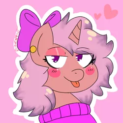 Size: 500x500 | Tagged: safe, artist:probablyapineapple, derpibooru import, oc, oc:sakura, unofficial characters only, pony, unicorn, blushing, bow, clothes, eyes half closed, hair bow, heart, looking at you, pink background, purple eyes, simple background, smiling, sweater, tongue out