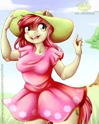 Size: 715x900 | Tagged: safe, artist:mr-murder, derpibooru import, roseluck, anthro, earth pony, background pony, clothes, digital art, dress, female, flower, grass, green eyes, hat, pink dress, rose, smiley face, solo, sun hat