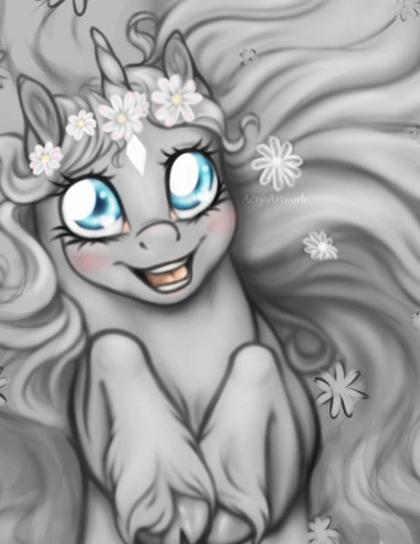 Size: 724x939 | Tagged: safe, artist:acry-artwork, derpibooru import, oc, oc:acry weaver, classical unicorn, pony, unicorn, blushing, cloven hooves, female, floral head wreath, flower, flower in hair, solo, unshorn fetlocks, wip