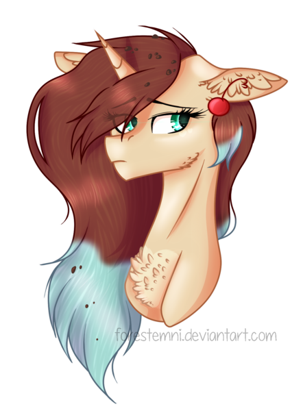 Size: 1237x1681 | Tagged: safe, artist:forestemni, derpibooru import, oc, pony, unicorn, bust, cherry, female, food, signature, simple background, solo, transparent background