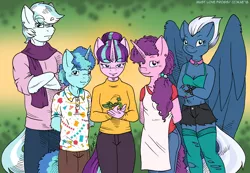 Size: 1300x897 | Tagged: safe, artist:kaemantis, deleted from derpibooru, derpibooru import, double diamond, night glider, party favor, starlight glimmer, sugar belle, anthro, earth pony, mantis, pegasus, unicorn, clothes, equal four, female, looking at you, male, mare, midriff, pants, shorts, smiling, stallion, tanktop